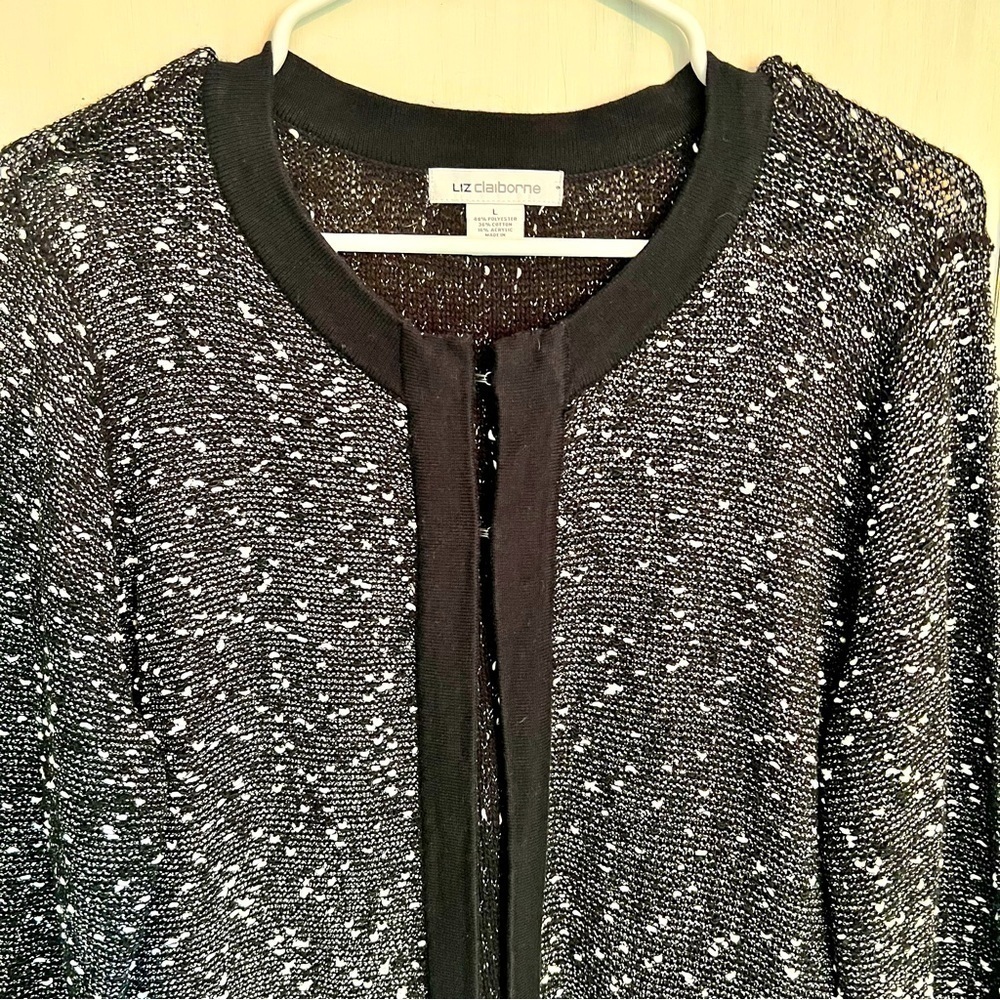 LIZ Claiborne Marled Open Front Cardigan Sweater Black White Grey Pockets L - Picture 3 of 12